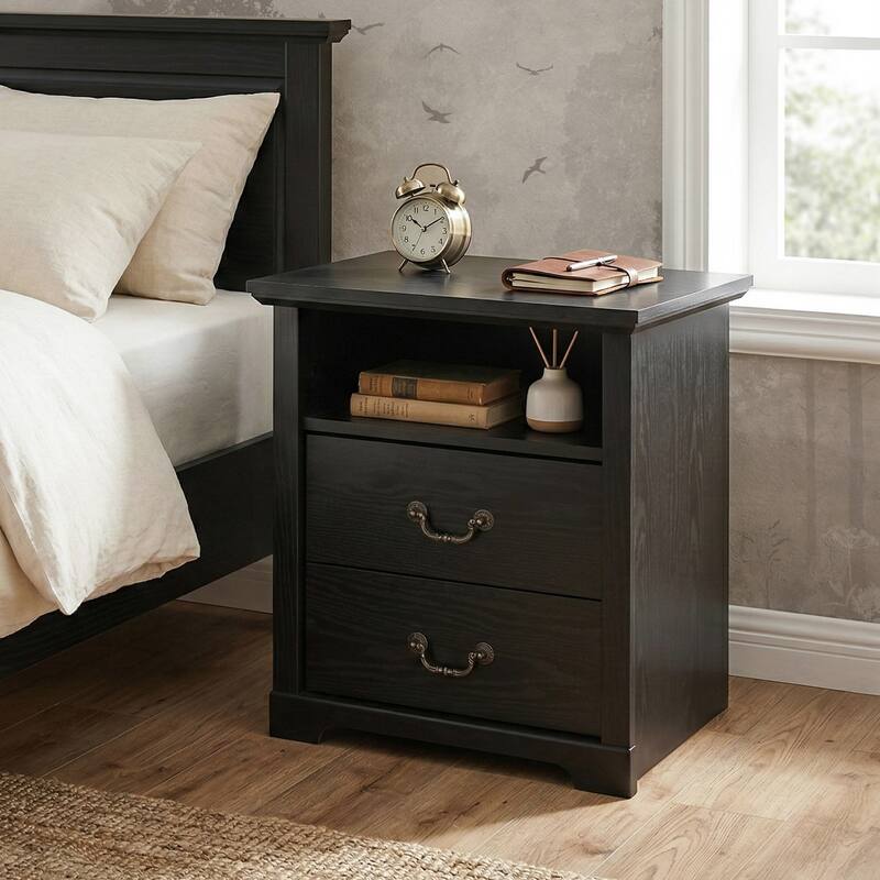 247 Shop At Home Marie 2-Drawer Nightstand with Open Storage Shelf - Black