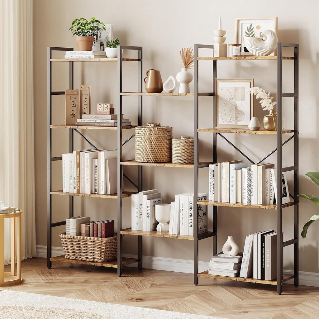 Triple Column 4-Tier Bookshelf, Adjustable Rustic Industrial Bookcase