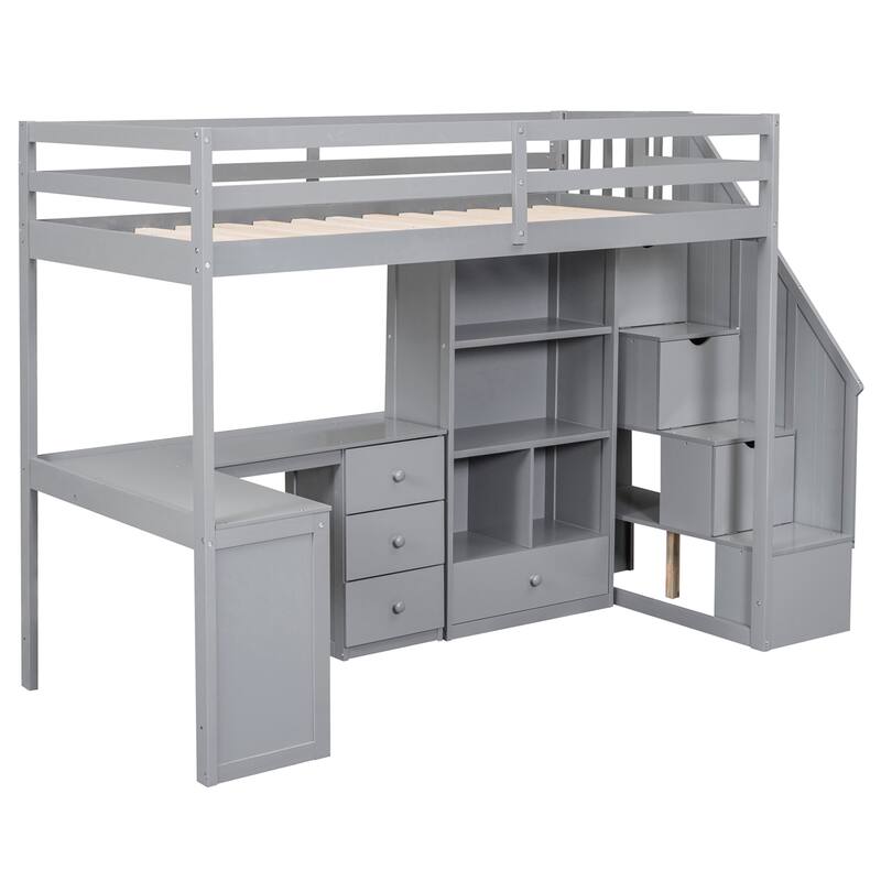 Twin/Full Loft Bed with L-Shaped Desk and Storage Staircase, Multi-Functional Solid Wood Loft Bed Frame with Drawers & Bookcase