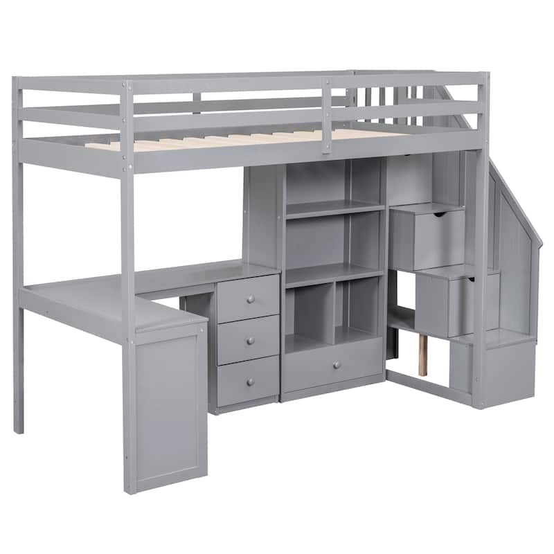 Twin Size Loft Bed with L-Shaped Desk and Drawers