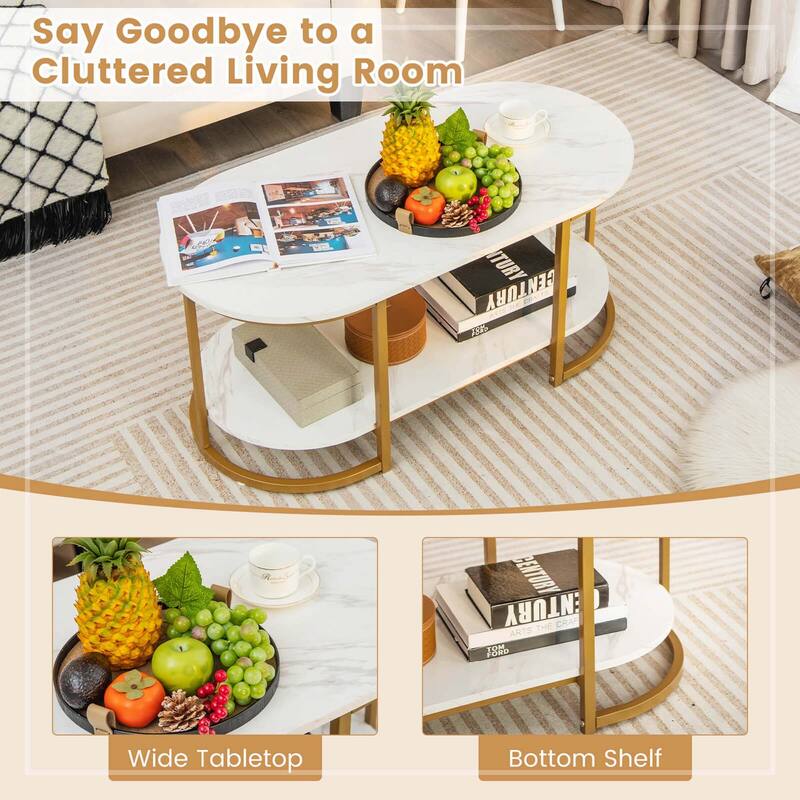 Costway White Marble Coffee Table Modern 2-Tier Center Table with - See Details