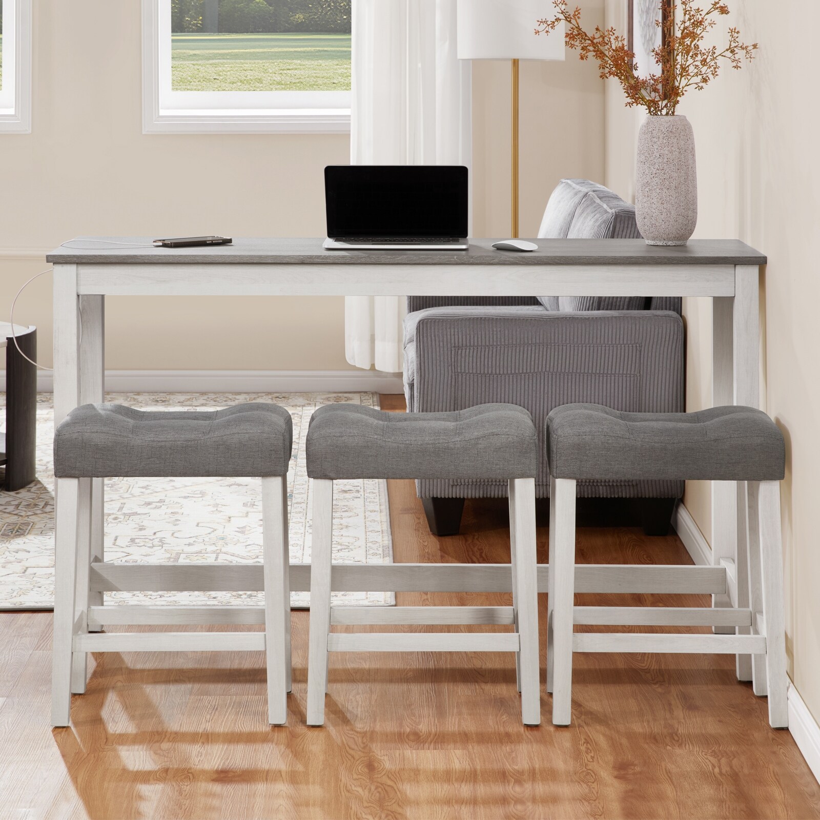 Bar Table Set With Power Outlet,Bar Table Set With Chairs,Sofa Bar Table With Stools,Behind Couch Table With 3 Padded Stools