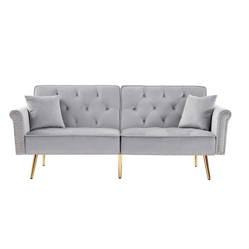Velvet Loveseat, Upholstered Deep Seat Sofa with 2 Pillows and Nailhead Trim, 2-Seat Armchair Tufted Sofa with Metal Legs