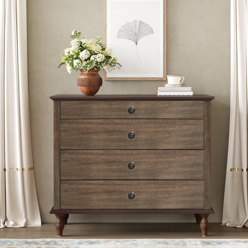 Rustic Wooden 4-Drawer Storage Chest with Metal Knobs and Solid Wood Feet by GDFStudio