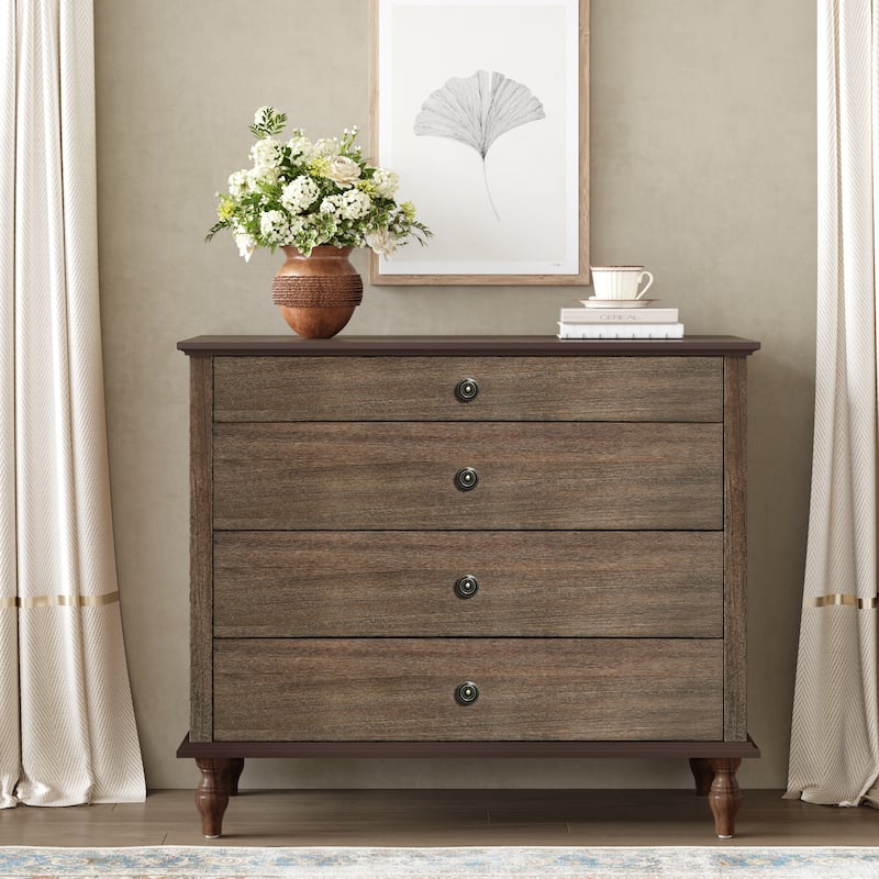 Rustic Wooden 4-Drawer Storage Chest with Metal Knobs and Solid Wood Feet by GDFStudio - Deep Rustic Brown