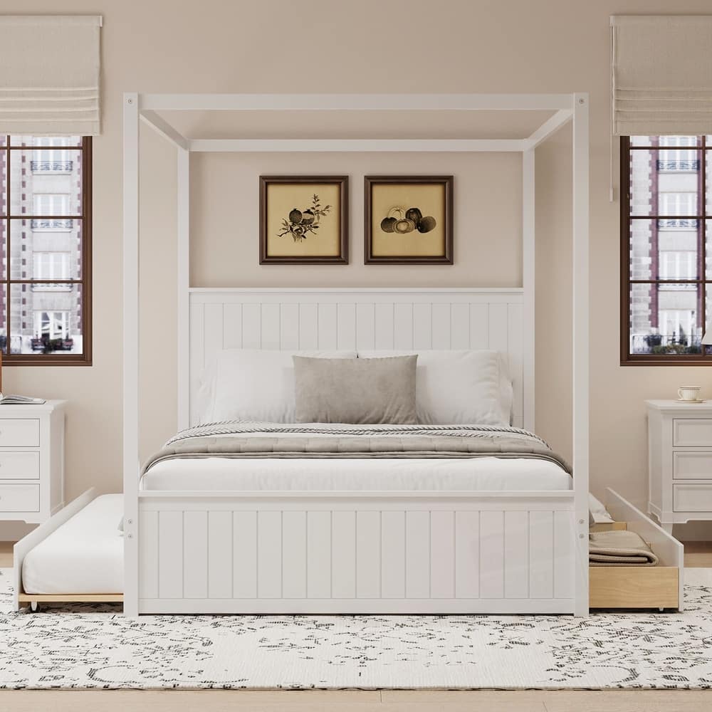 Modern Queen Size Canopy Platform Bed with Trundle and Three Storage Drawers