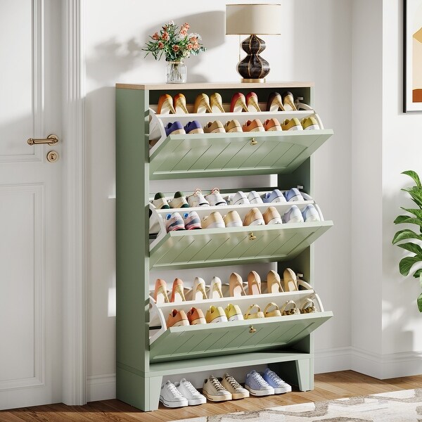 Narrow Shoe Storage Cabinet with 3 Flip Drawers, Green - Bed Bath