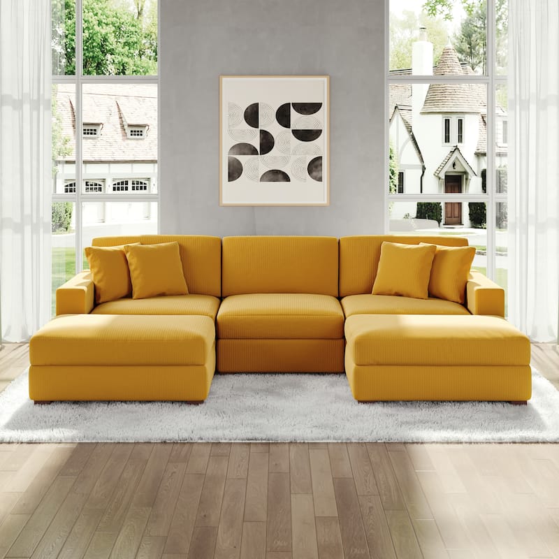 Modular Corduroy Sectional Sofa Set Chaise Couch with Ottoman - Orange-5 Piece