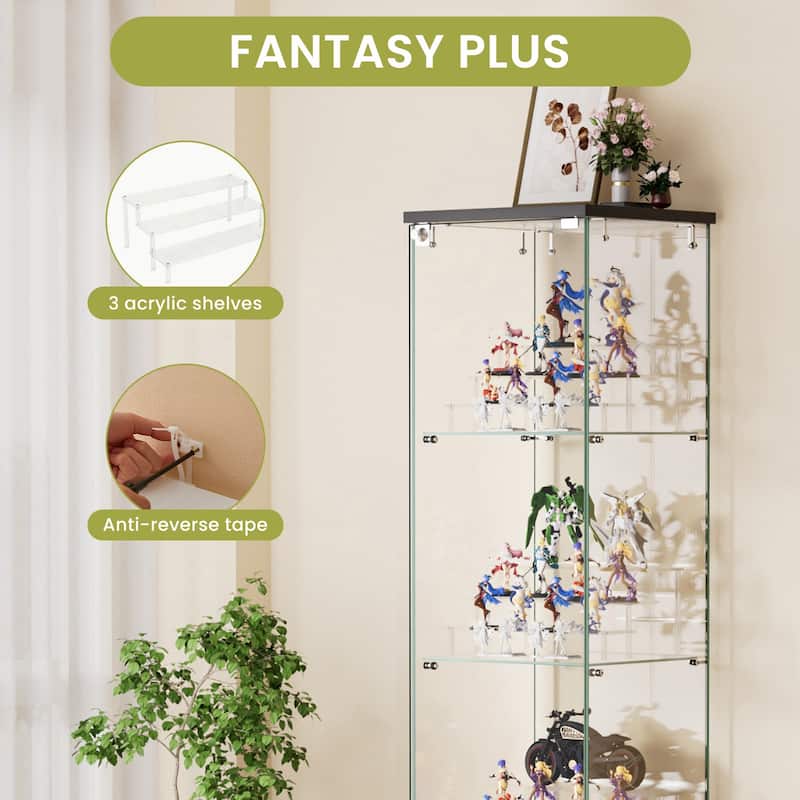 4-Tier Glass Display Cabinet with Lock and Wheels, Single Door Storage Case with 3 Acrylic Shelves for Collectibles and Office