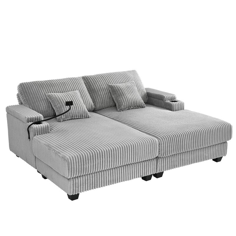 Corduroy Chaise Lounge Sofa Loveseat Sleeper Sofa with Adjustable Backrest, Cup Holders, Phone Holder and Dual Storage Armrest