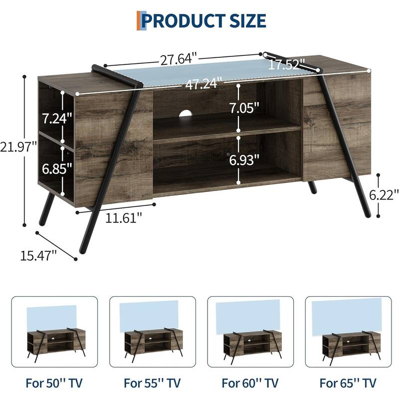 TV Stand, with Adjustable Open Shelves and Slanted Metal Legs