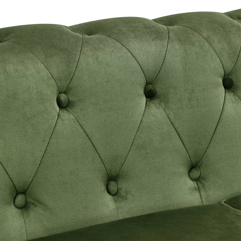 Green 74.5'' Velvet 3 Seater Soft Couch with Tufted Design, Button Tufted Backrest, Scrolled Arms, Turned Legs