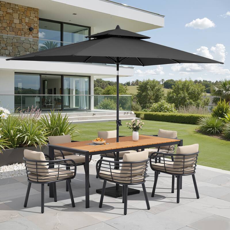 9/11-Piece Outdoor Patio Dining Set w/10 ft Umbrella and Base Aluminum Dining Table and Dining Chairs with Sunbrella Cushions