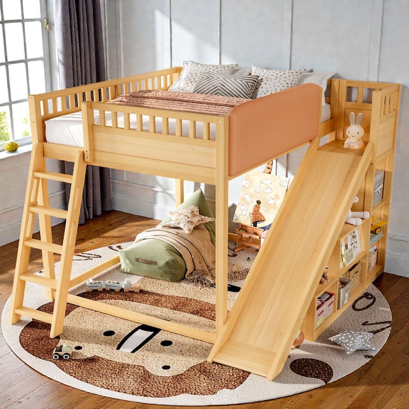 Loft Bed with Upholstered Headboard, Storage Shelves, Ladder and Slide, Solid Wood Frame - Natural - Full
