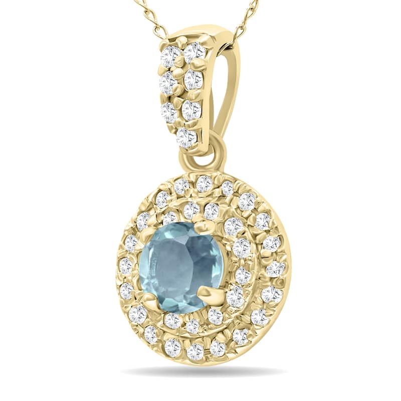 Marquee 3/4 Carat TW Double Halo Aquamarine And Diamond Pendant in 10K Yellow Gold