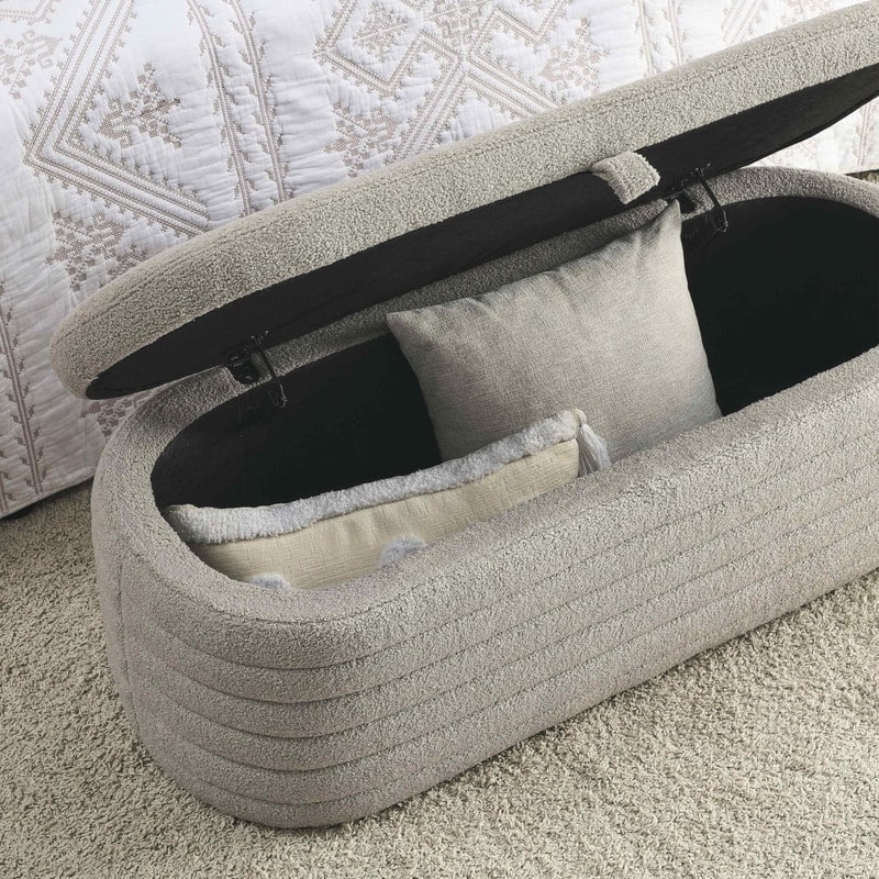 45" White Teddy Storage Ottoman Bench for Living Room Bedroom,Oval Sherpa Storage Bench Ottoman Foot Rest Anti-slip Legs