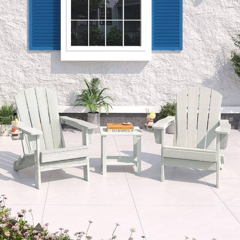 Set of 2 All-Weather HDPE Folding Adirondack Chair For Patios, Decks, Gardens with 1 Table - White