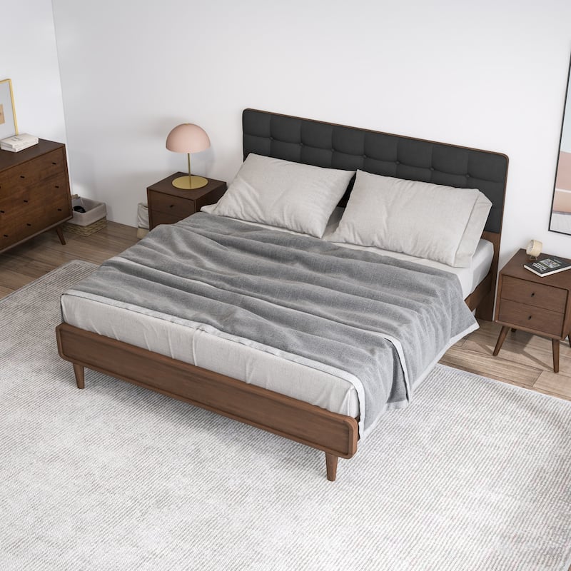 Tiana Mid-Century Modern Fabric Platform Bed Queen Size in Dark Grey