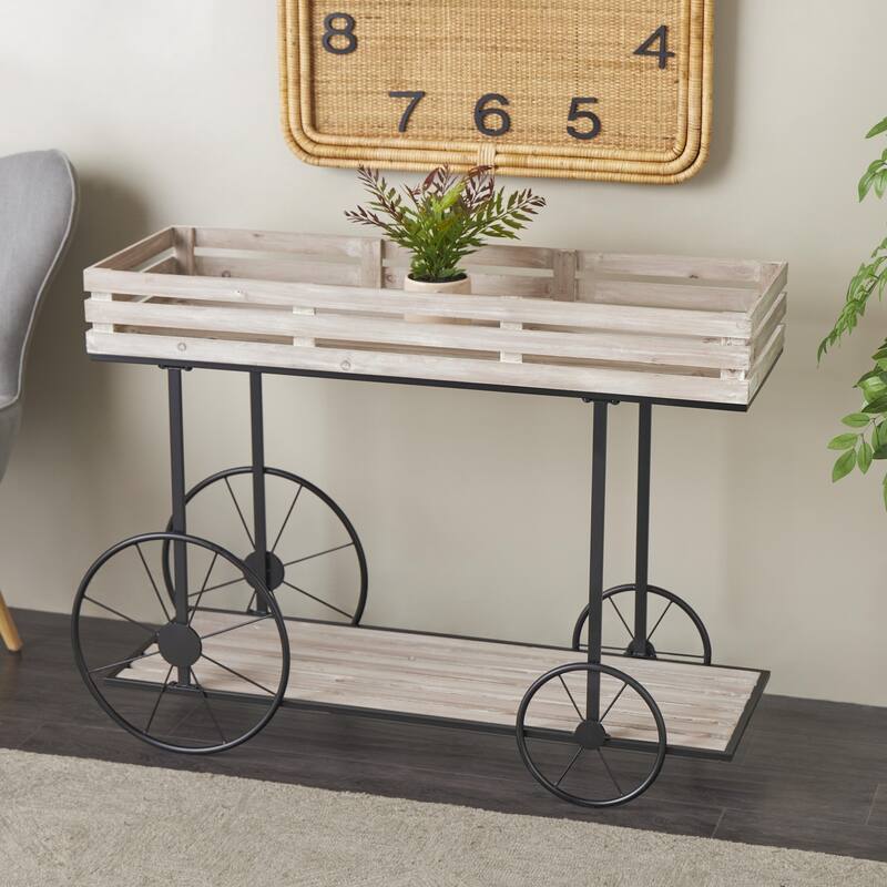 Wood Wheelbarrow 1 Shelf Indoor Plantstand - Cream - Roche River Decor