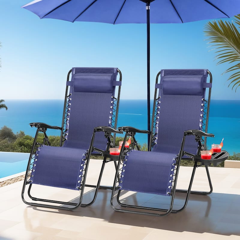 Set of 2 Zero Gravity Recliner Lounge Chairs with Cup Holders, Folding Patio Camping Beach Chairs for Outdoor Relaxation - Blue