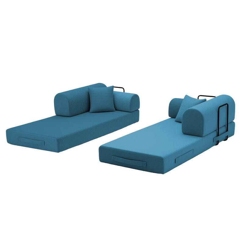 Convertible Sleeper Sofa Bed with Cylindrical Pillow, Corduroy Folding Mattress Couch with Fixed-Shape Frame for Bedroom