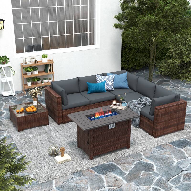 7 Piece Wicker Set Patio Sofa Furniture with Fire Pit And Table