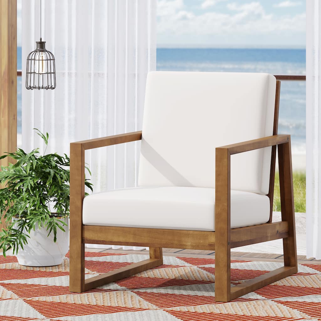 Roomfitters Modern Outdoor Wooden Club Chair with Clean-Line Frame and Weather-Resistant Cushions