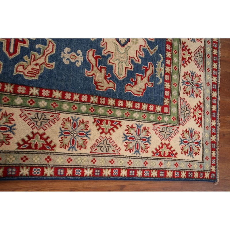 Blue Geometric Kazak Area Rug Hand-Knotted Geometric Wool Carpet - 5'0" x 6'8"