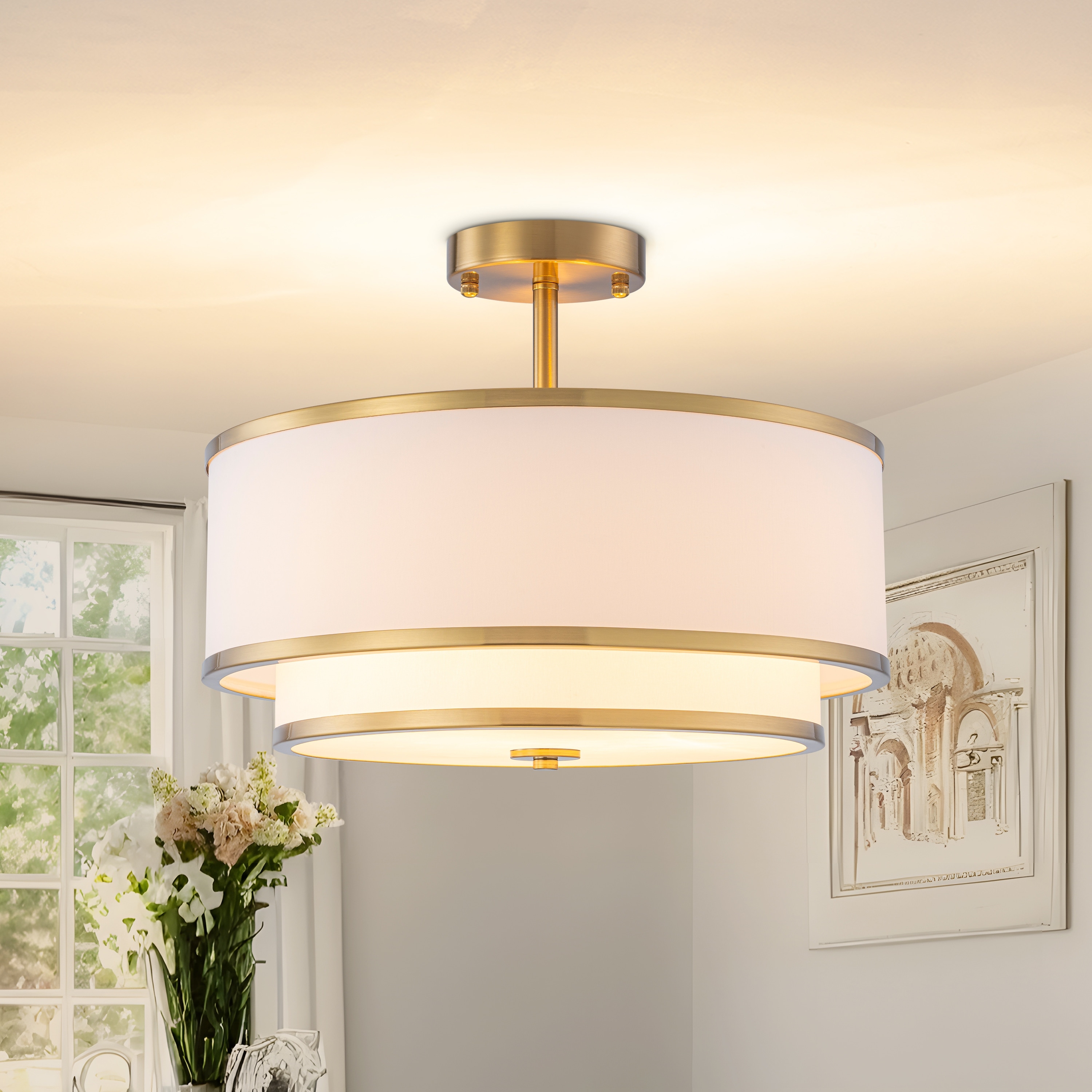 Starsky Modern 3-light Fabric Drum Shade Semi Flush Mount Ceiling Light for Dining Room Living Room Entryway