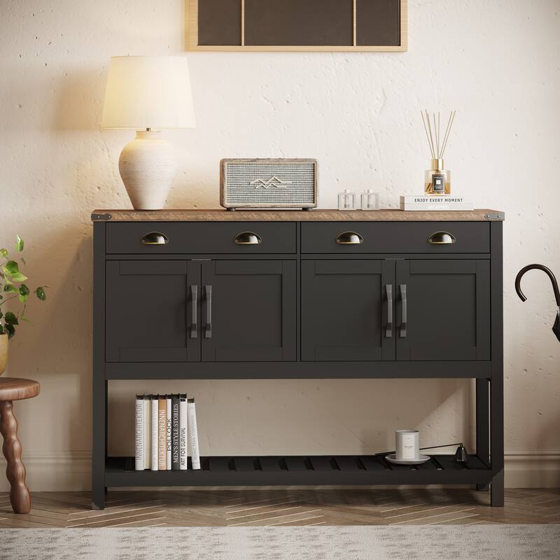 47" Modern Farmhouse Console Storage Table with 2 Drawers and Slatted Display Shelf
