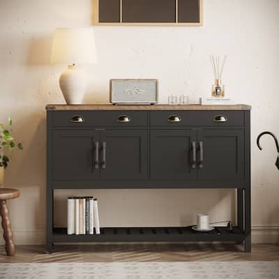 47'' Modern Farmhouse Console Storage Table - Two Drawers,Four-Door Cabinet with Slatted Display Shelf