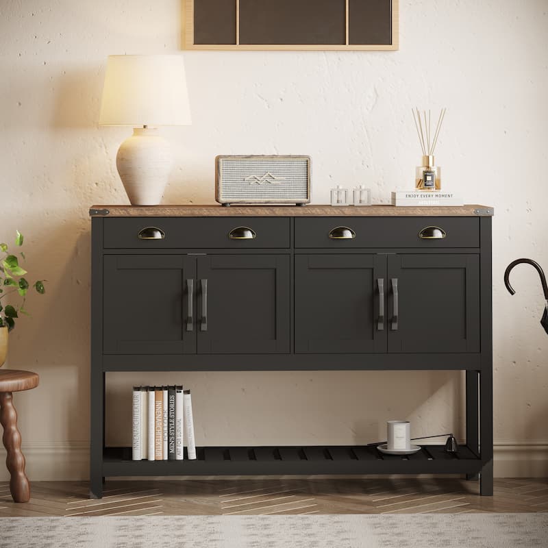 Wood Console Storage Table, Accent Cabinet with Adjustable Shelves, Storage Cabinet with Slatted Display Shelf