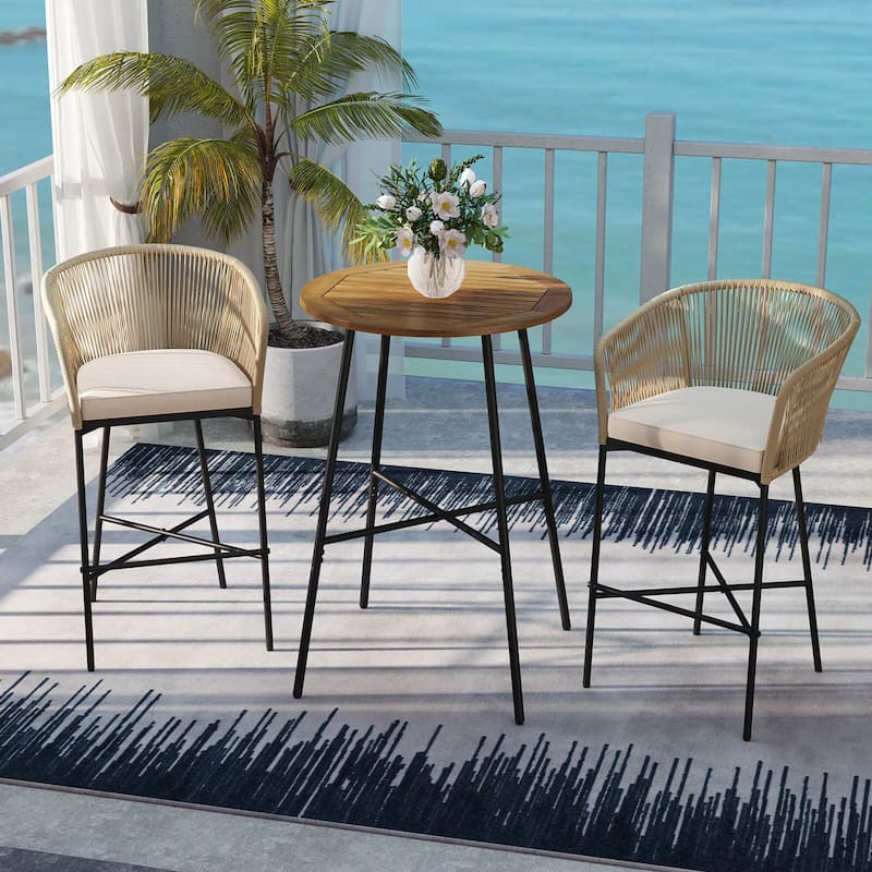 Costway 3 PCS Rope Woven Patio Bar Set with Soft Cushions and Acacia - See Details - as pic shows