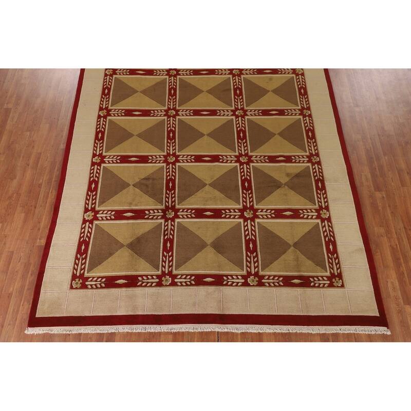 Geometric Nepalese Oriental Area Rug Handmade Wool Carpet - 8'11"x 11'10"