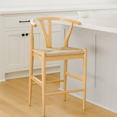 Cera Counter Stool Chair Set of 2, Handwoven Rope, Natural Brown Wood