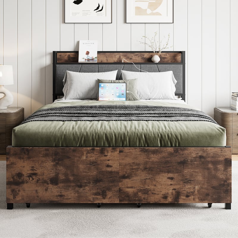 Bed Frame, Storage Headboard with Charging Station and 2 Storage Drawers