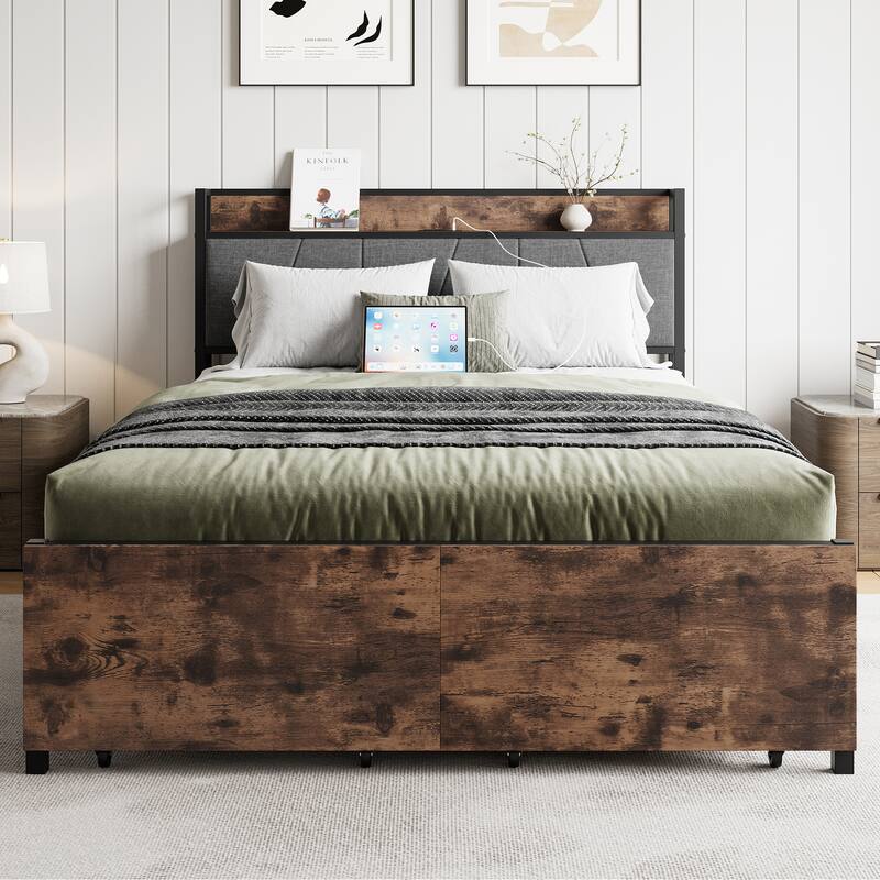 Vintage Brown and Gray Bed Frame with Storage Headboard Charging Station and 2 Drawers Easy Assembly