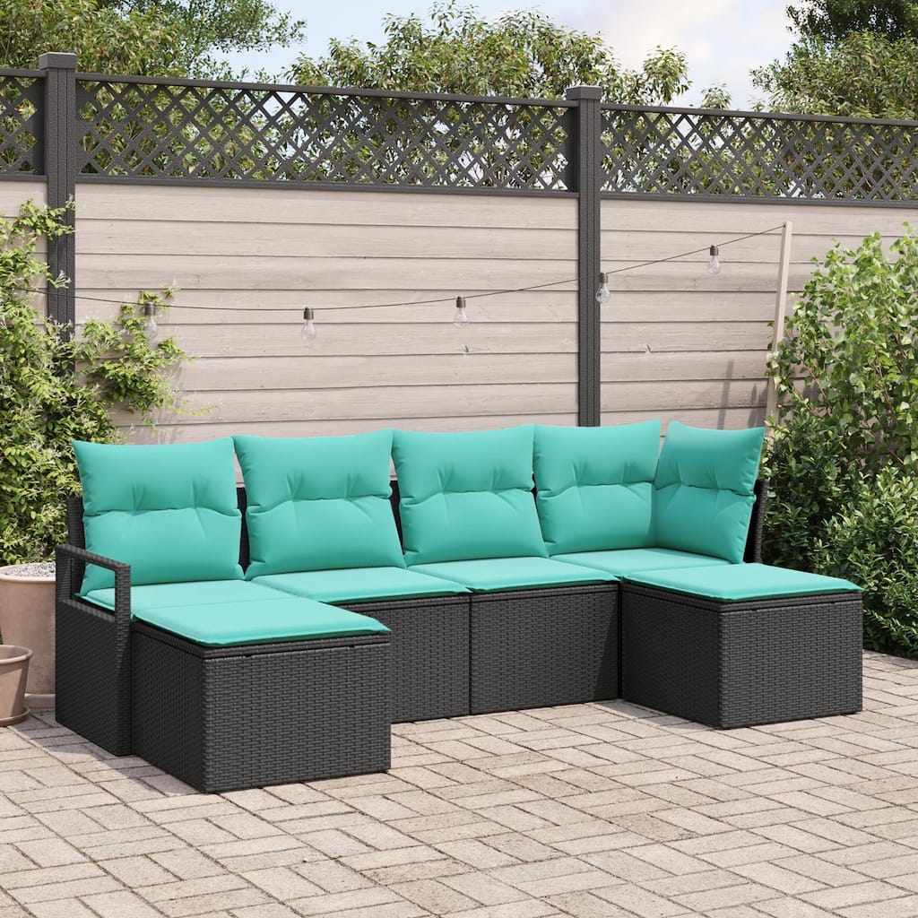 vidaXL 6 Garden Sofa Set with Cushions Black Poly Rattan - 90.6 x 46.1 x 27.2