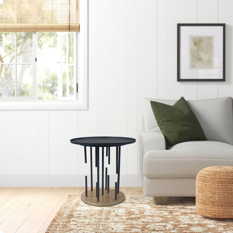 Neci 20 Inch Side End Table, Round Matte Black Tray Top, Modern Rod Supports with Brass Base