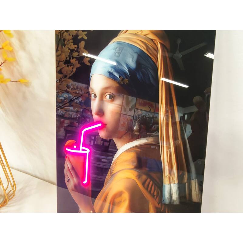 Neon Style LED Wall Art - Girl with a Pearl Earring Acrylic Print with Lighted Drink Effect