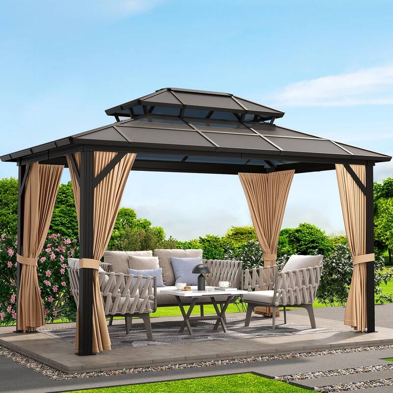 Hardtop Outdoor Double Roof Gazebo, Aluminum Frame Permanent Pavilion with Curtains and Nettin - 10X13FT - Brown