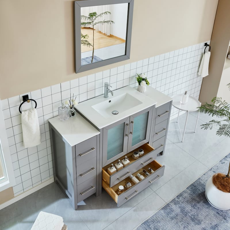 Vanity Art 54 Inch Single Sink Bathroom Vanity Set 8 Dove-Tailed Drawers 3 Cabinets 1 Shelf, Soft-Closing Doors with Free Mirror