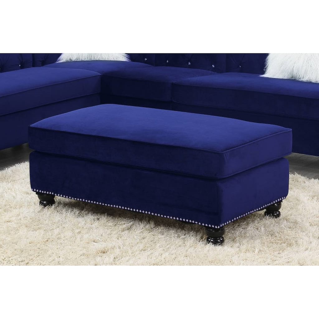 Living Room XL- Cocktail Ottoman Indigo Blue Velvet Accent Studding Trim Wooden Legs