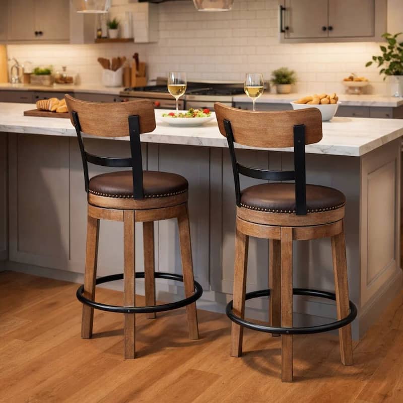 Pine Swivel Counter Height Stool Chair, 24 Inch, Brown Faux Leather