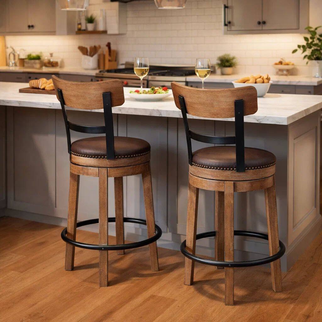 Pine Swivel Counter Height Stool Chair, 24 Inch, Brown Faux Leather