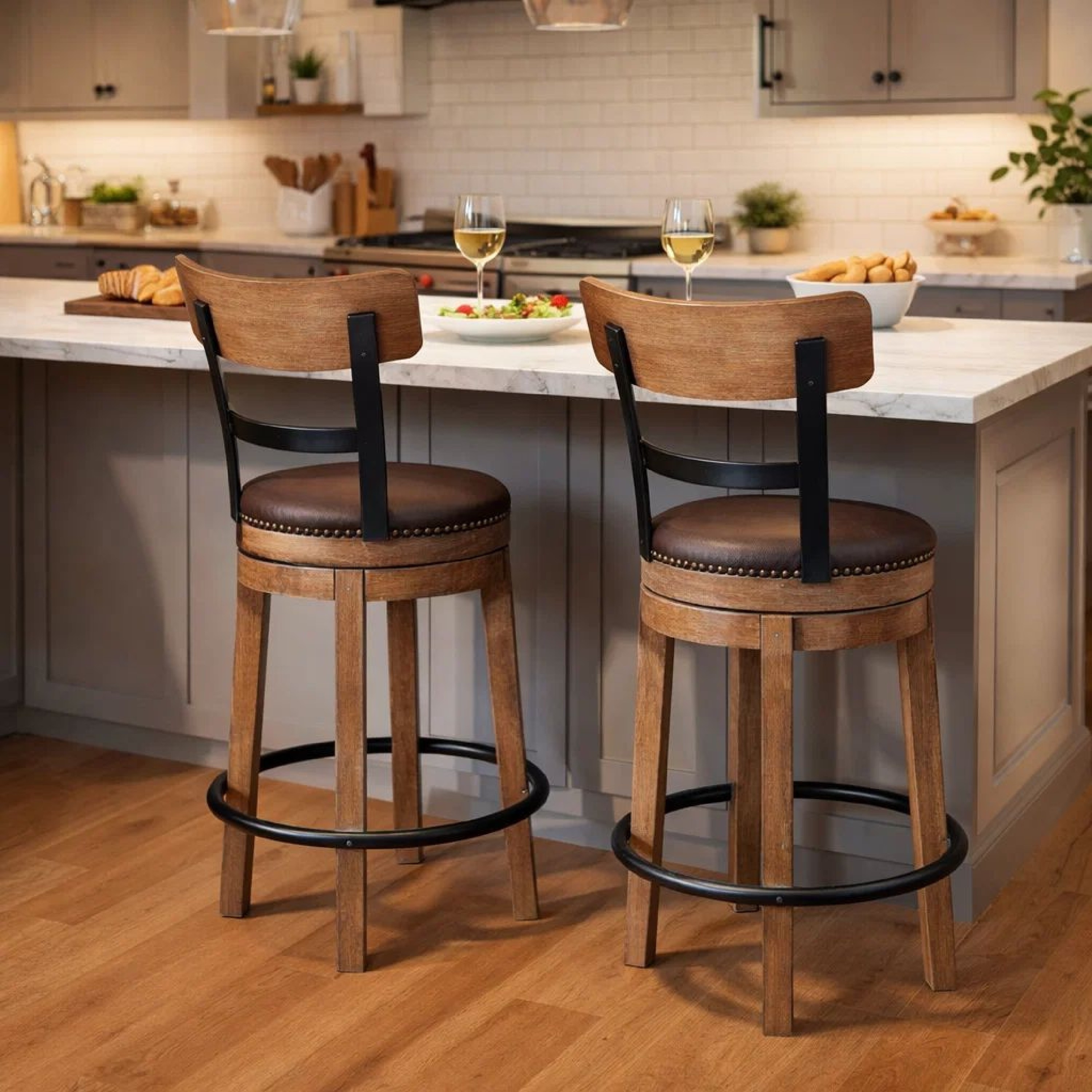 Pine Swivel Counter Height Stool Chair, 24 Inch, Brown Faux Leather