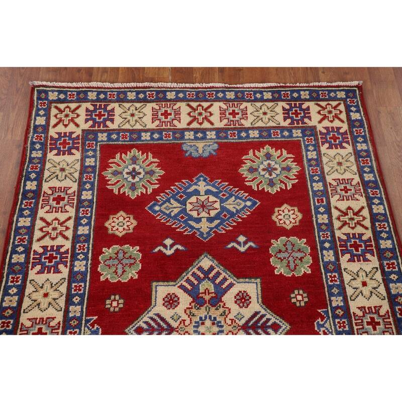 Red Geometric Kazak Oriental Foyer Rug Handmade Wool Carpet - 3'5" x 5'1"