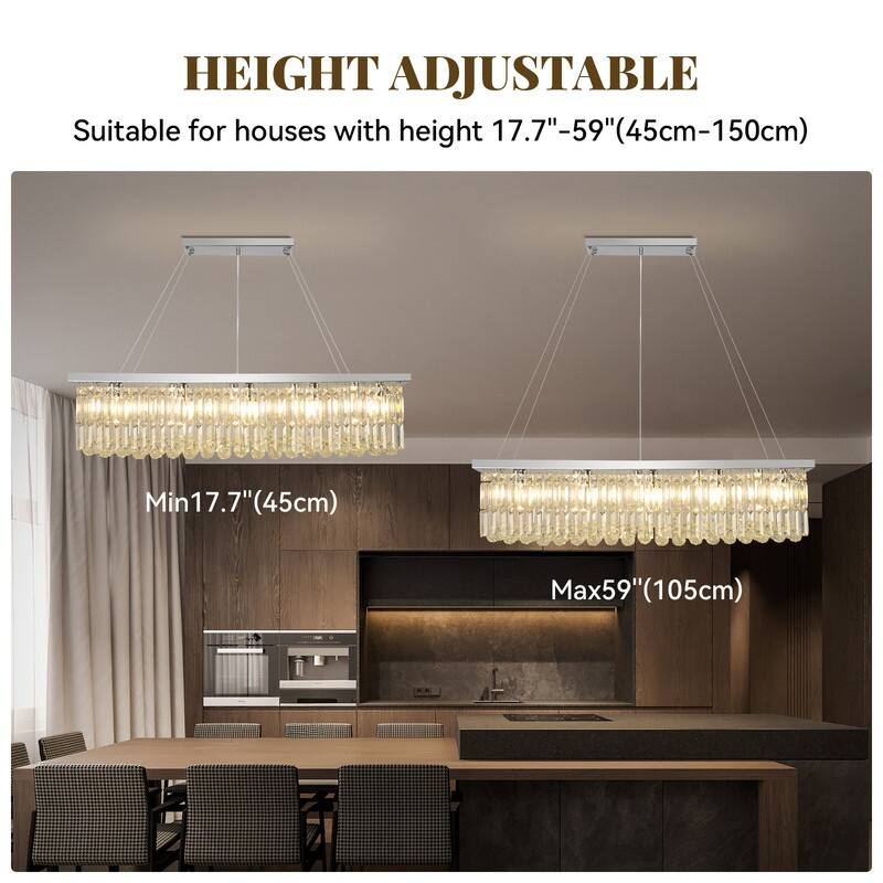 6 lights Rectangle Crystal Chandeliers for Dining Room, 39" Large Linear Water Ripple Glass Island Light Fixture