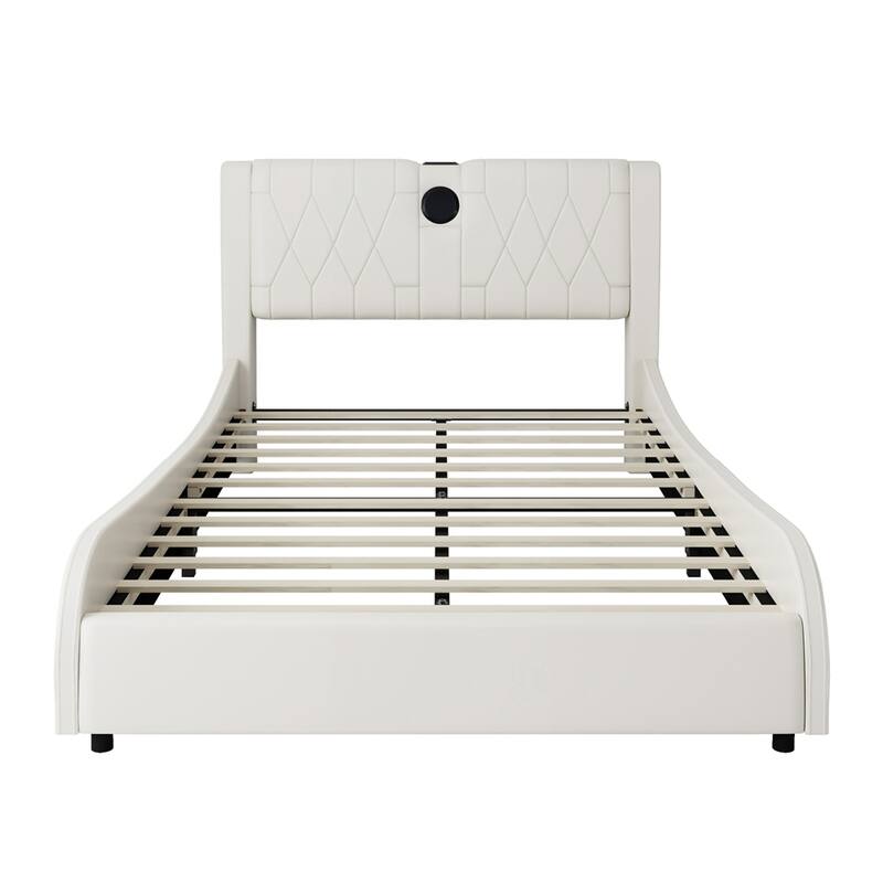 Luxurious Faux Leather Upholstered Platform Bed with Bluetooth Speakers and RGB LED Light