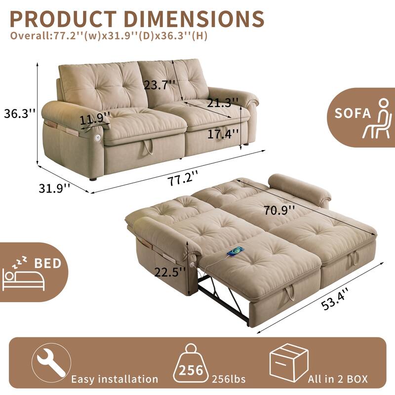 2-in-1 Velvet Pull Out Sleeper Sofa Bed Convertible Loveseat Couch for Sitting, Napping or Sleeping with Side Pockets and USB